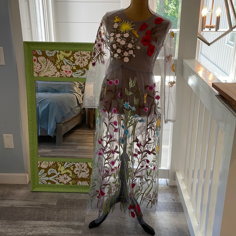 Embroidery floral dress , wear slip underneath, brand new excellent condition